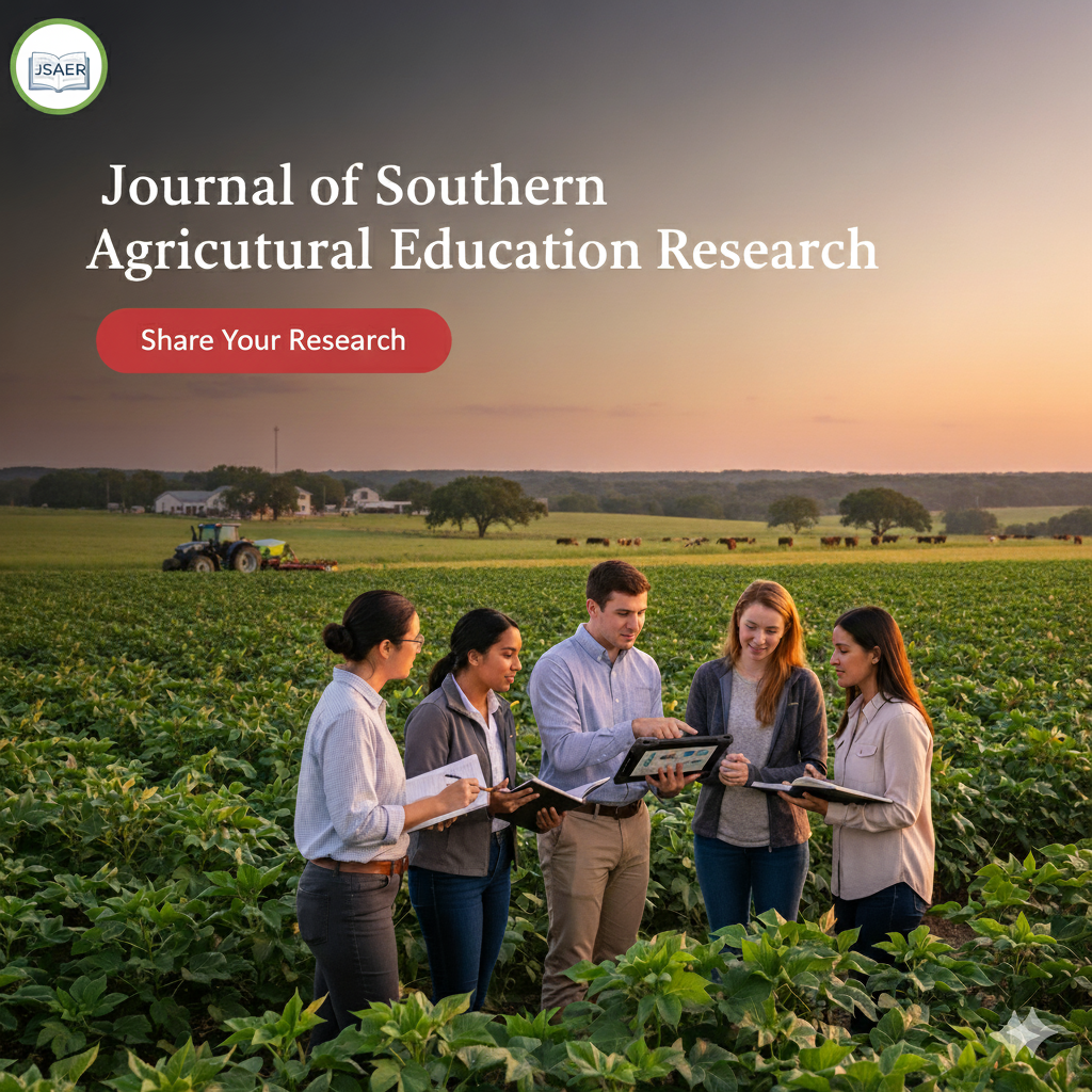 A homepage banner image for the Journal of Southern Agricultural Education Research. In the top left corner, there is a circular green-outlined logo with an open book displaying "JSAER". The main text "Journal of Southern Agricultural Education Research" is prominently displayed in white. Below this text, a red oval button reads "Share Your Research". The background image is a photo of five diverse, college-aged researchers in a vast green field at sunset, with a tractor and cattle in the distant Southern U.S. landscape.